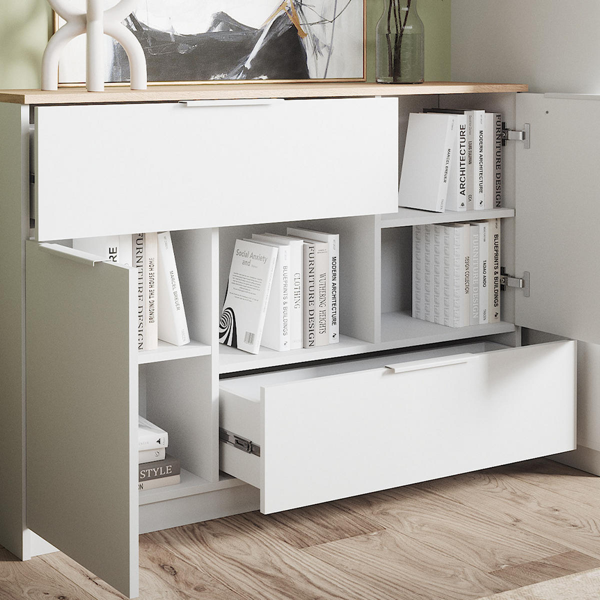 KOMMODE Betti Weiß/Sonoma 120 x 83.6 cm 2x Tür 2x Schublade und 1x offenes Fache - Weiß/Sonoma Eiche, Holzwerkstoff (120/83.6/30cm) - Vicco
