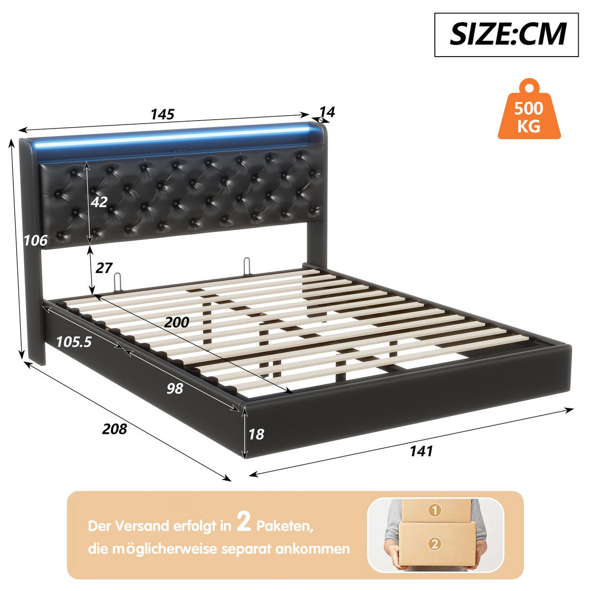 POLSTERBETT 140x200 cm, mit LED, USB & Typ-C, Bettkasten, Schwarz - Schwarz, Holz (140/200cm)
