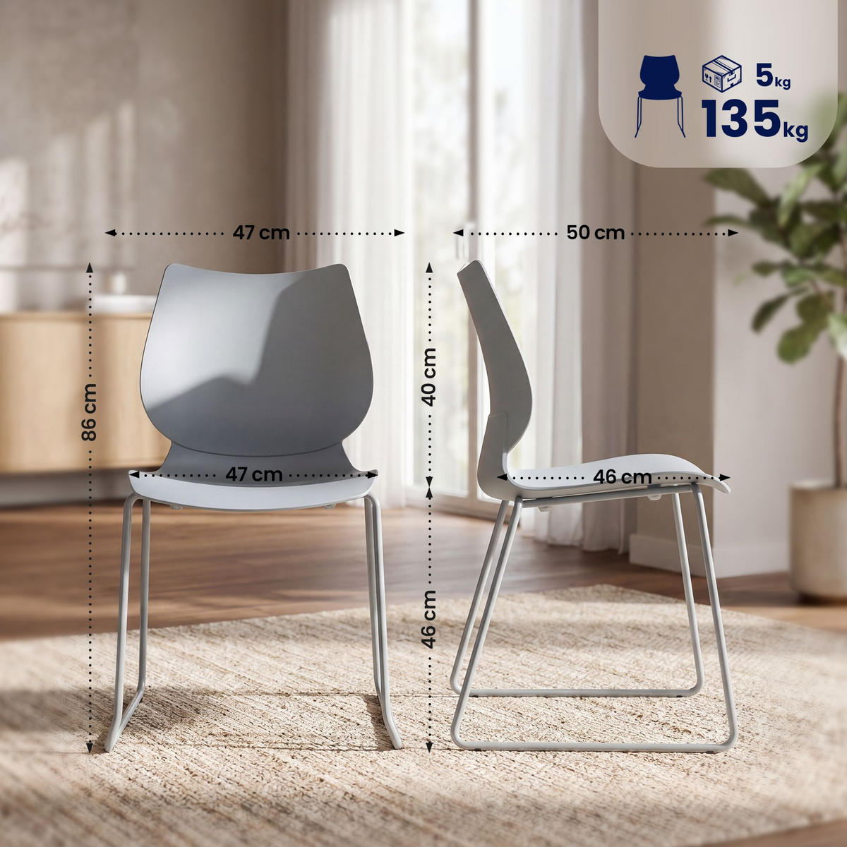 STUHL 2 Kunststoff Grau - Grau, Kunststoff/Metall (47/86/50cm) - CLP