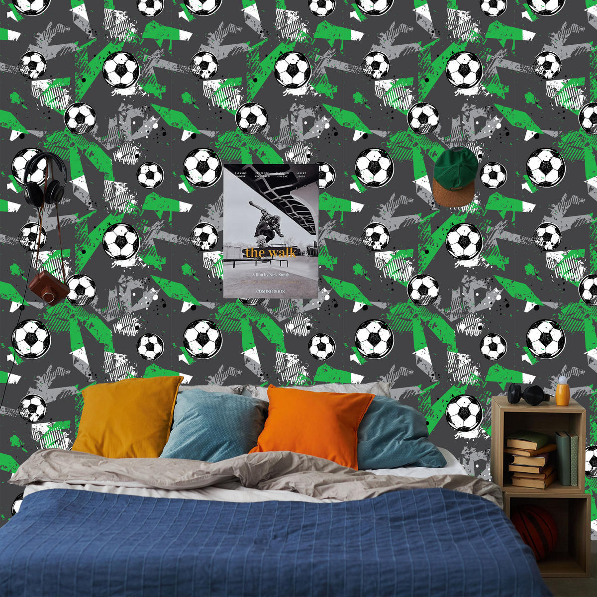 VLIESTAPETE Abstraktes Fußball-Graffiti – Grün, Grau, Schwarz – 50x1000 cm - Schwarz/Grau, Papier (50/1000cm) - Muralo