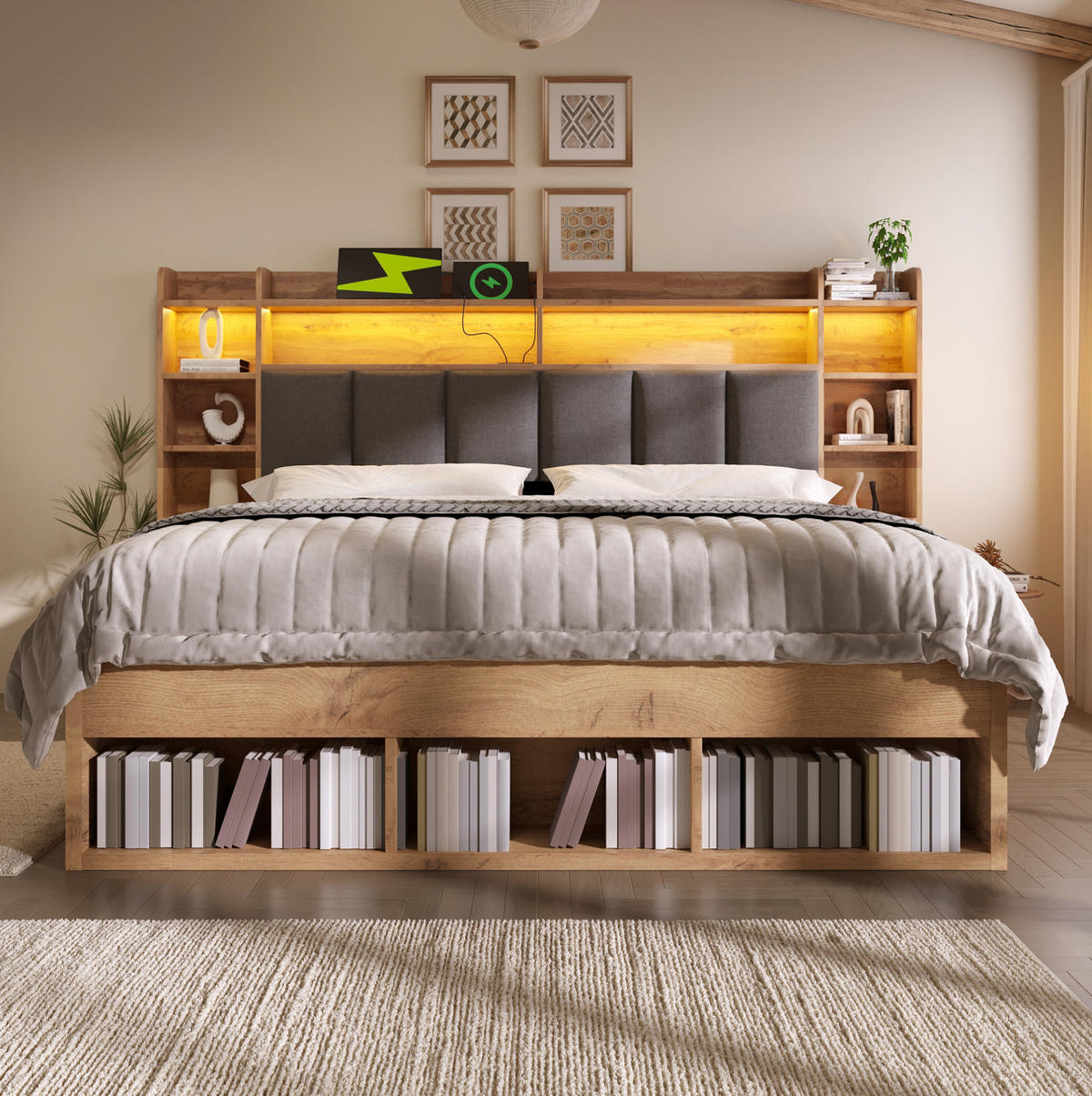 SYSTEMBETT 160/200 cm mit LED-Beleuchtung, USB-Anschlüssen, Stauraum und Rollschubladen , Eichefarben - Eichefarben, Holzwerkstoff (160/200cm) - Redom