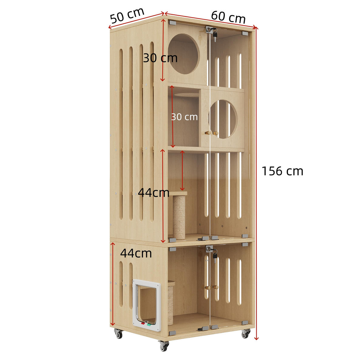 VITRINE Naturfarben 60×50×156 cm aus MDF und Glas mit abschließbarer Glastür, Klappe und Feststellrollen - Naturfarben, Holzwerkstoff (60/156/50cm) - Luhomfu