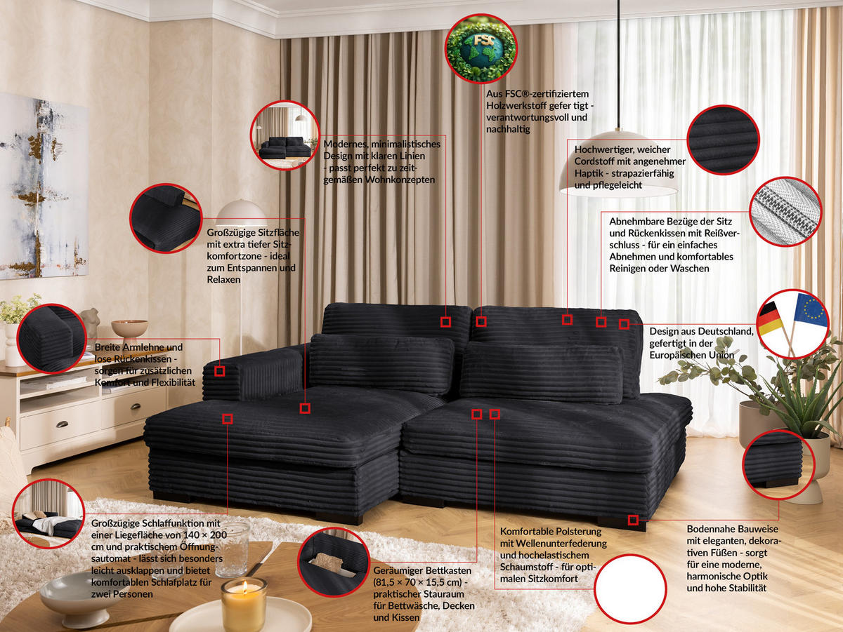 ECKSOFA Wolke mit tiefer Sitzfläche, Schlaffunktion und praktischem Bettkasten aus weichem Schwarz Cordstoff - Schwarz, Holz/Kunststoff (162/225cm) - S-Style