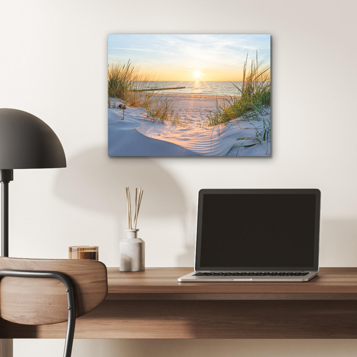 KOVOVÝ OBRAZ Pláž - Slnko - Duny - Tráva - Piesok - Horizont 40x30 cm - svetlomodrá, kov (40/30cm) - MuchoWow