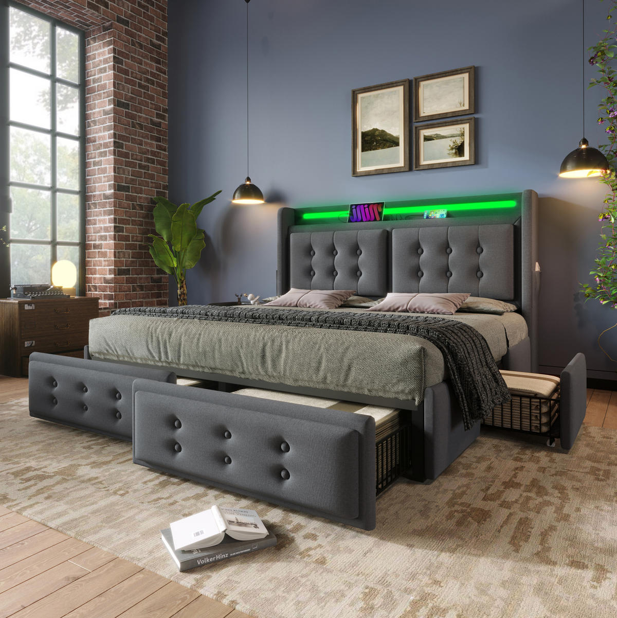 ČALOUNĚNÁ postel z bavlněno-lněné tkaniny 160x200 cm šedá s LED osvětlením, USB-C a 4 zásuvkami - šedá, textil (160/200cm) - Modfu