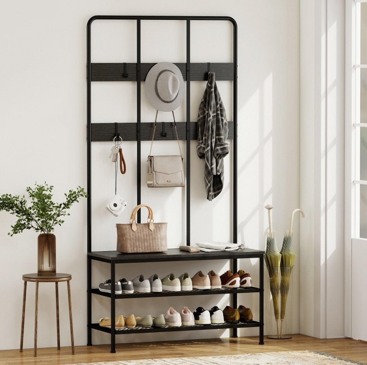 GARDEROBE Schwarz aus Metall mit Sitzbank - Schwarz, Metall (36/180/91cm) - OKMYHOME