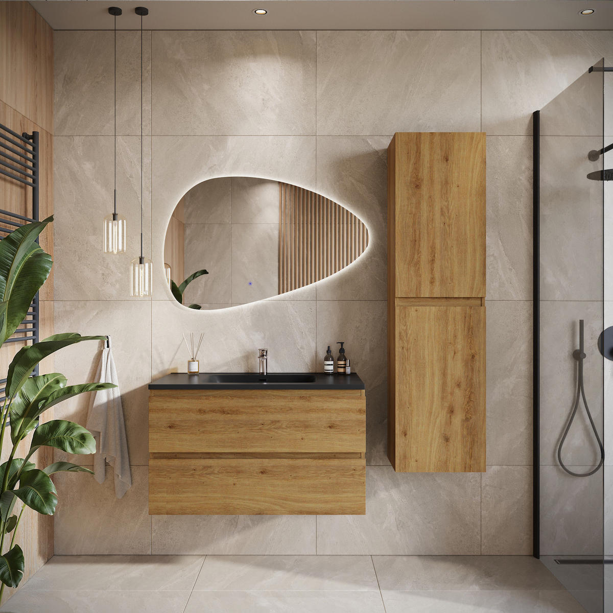 WASCHTISCHKOMBI Angela 2 Teile - Eiche Mit Schwarzem Waschbecken - 80 x 48 x 52 cm - Eichefarben/Schwarz, Holz (80/52/48cm) - Badplaats