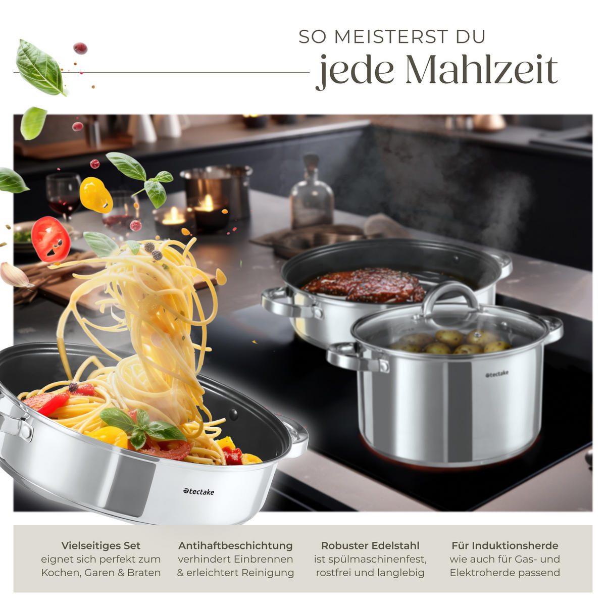 KOCHTOPFSET Turin,integrierte Messskala in den Töpfen,silber - Silberfarben, Metall - tectake