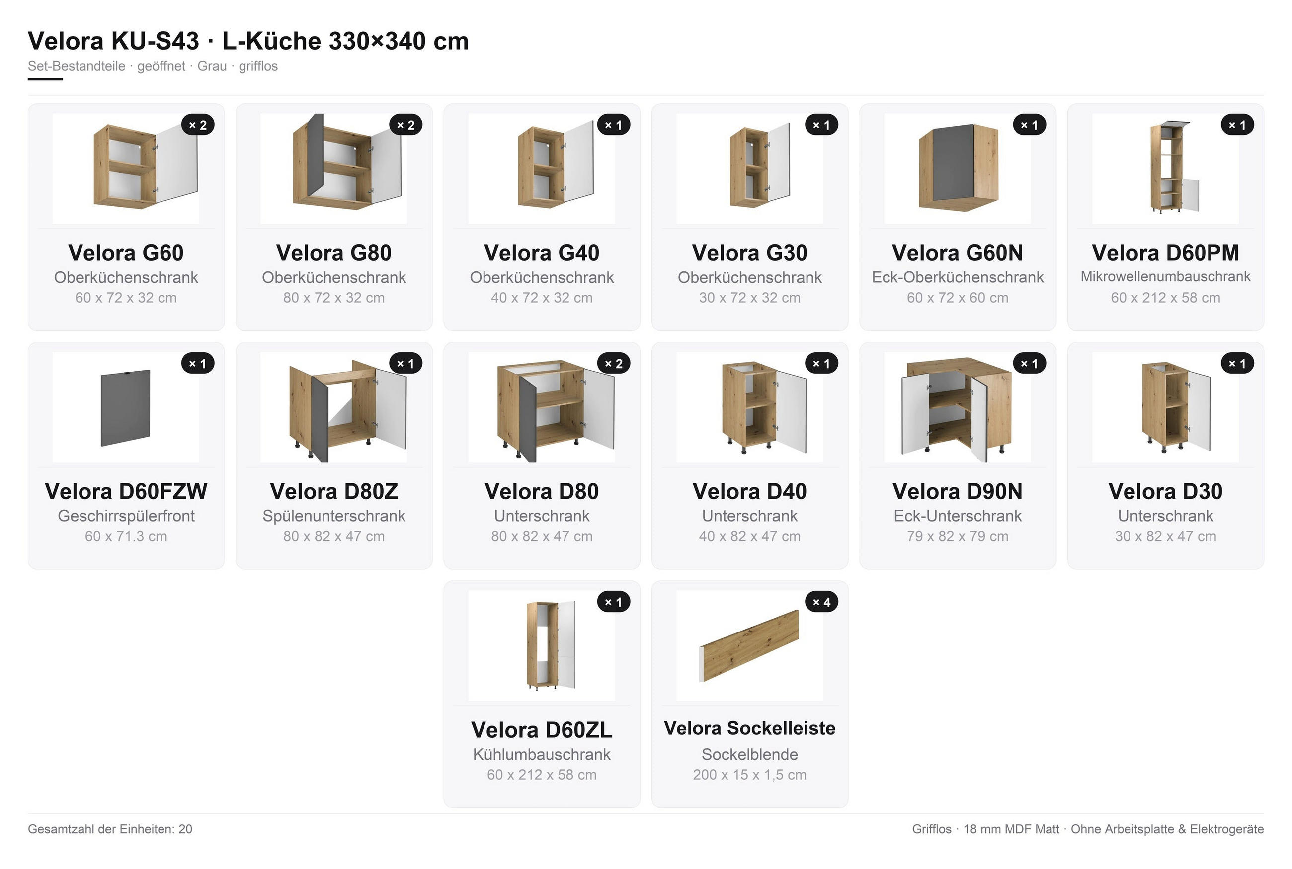 WINKELKÜCHE 330 x 340 cm VELORA – KU-S43 – Grau - Grau, Holzwerkstoff (330/212/340cm) - hi-markt