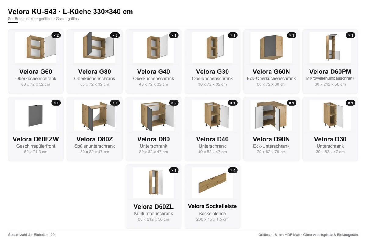 WINKELKÜCHE 330 x 340 cm VELORA – KU-S43 – Grau - Grau, Holzwerkstoff (330/212/340cm) - hi-markt
