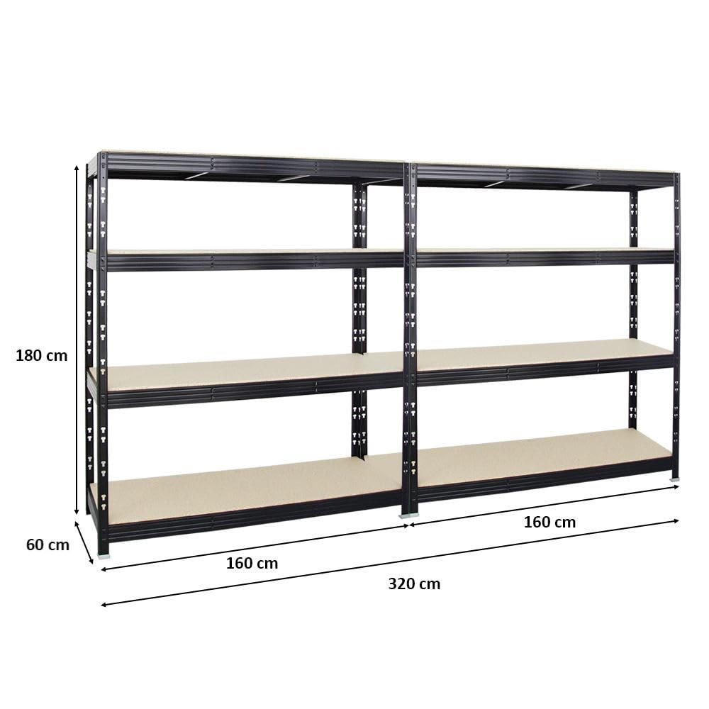 SCHWERLASTREGAL Rhino 2er-Set mit 2x 180x160x60 cm 4 Spanplatten-Ebenen 16mm Fachlast 500 kg Schwarz - Schwarz, Metall (320/180/60cm) - PROREGAL