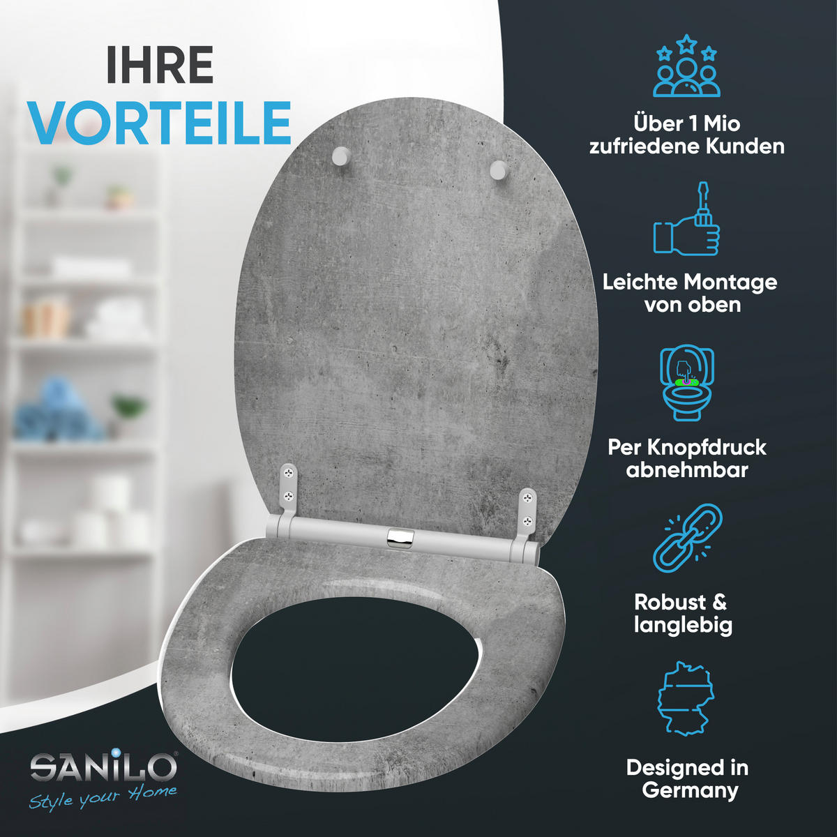 WC-SITZ mit Absenkautomatik & Top Fix Beton - Grau, Holzwerkstoff (37.7/5.5/48cm) - Sanilo