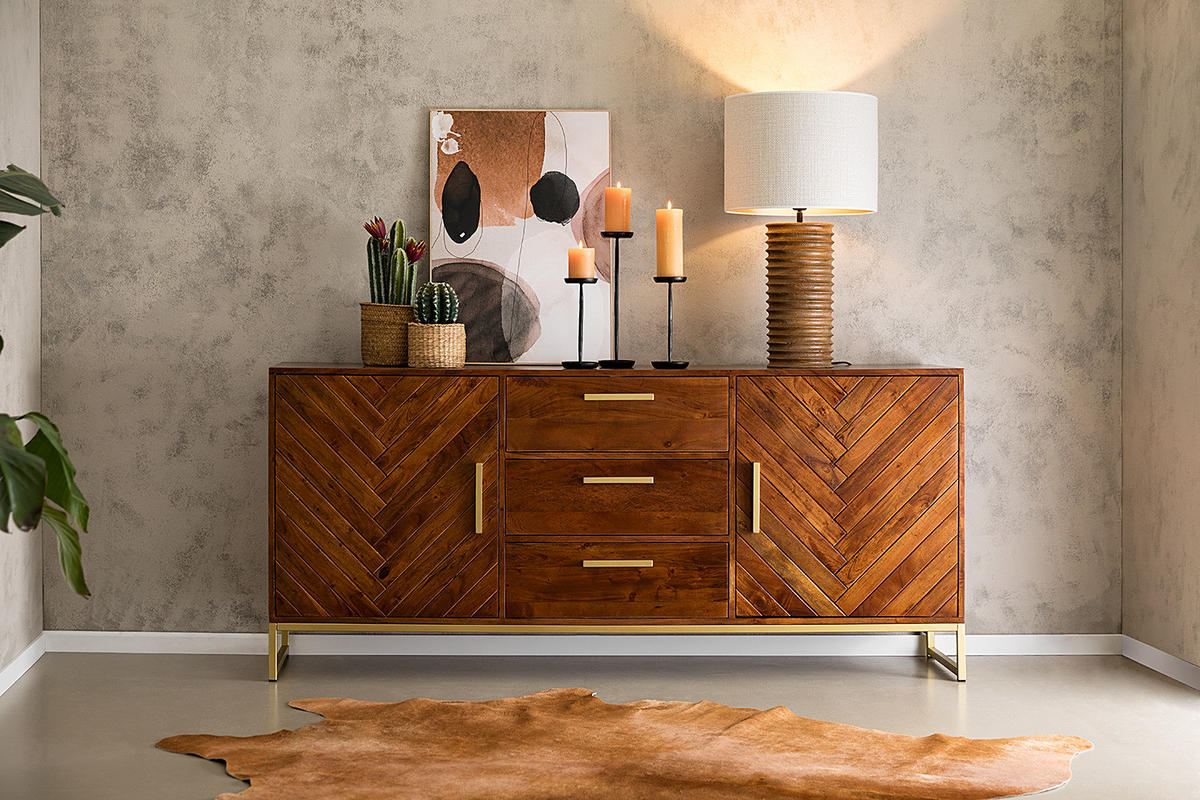 SIDEBOARD - Akazie massiv - Goldfarben/Akaziefarben, Holz (180/80/39cm) - home24
