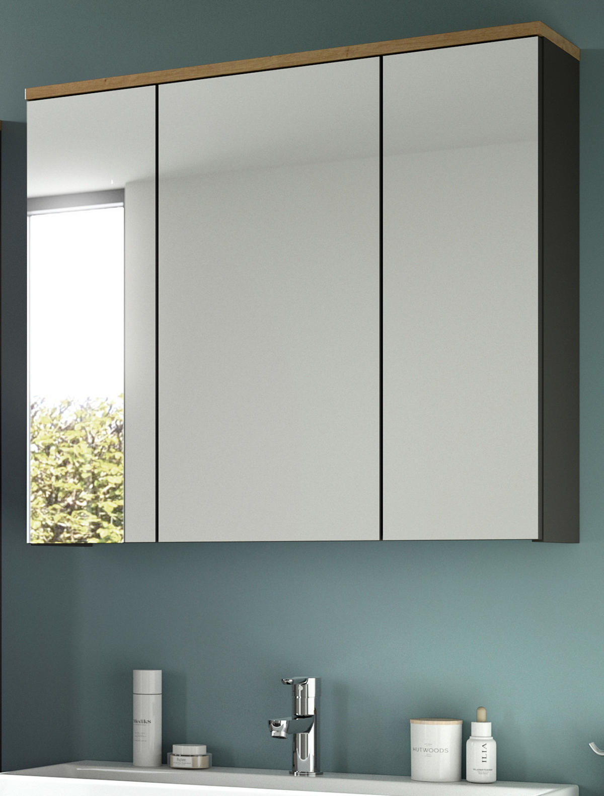 SPIEGELSCHRANK Eiche, grau 80 cm, Badschrank mit Soft-Close - Eiche Artisan/Grau, Glas/Holzwerkstoff (80/73/21cm) - Inn.Furn