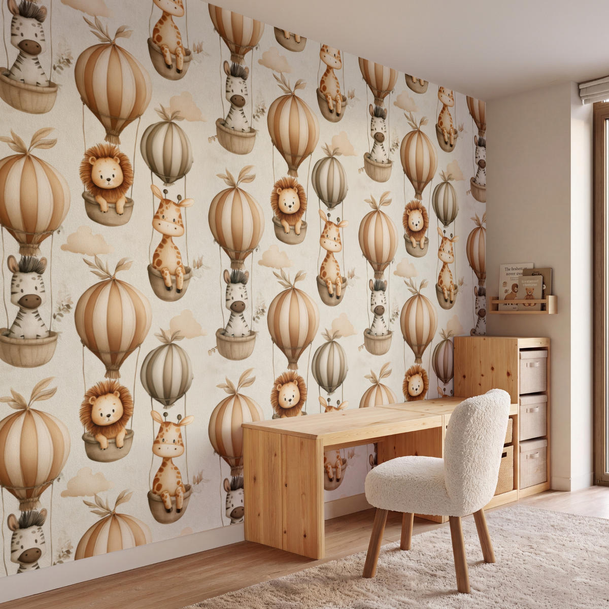 KINDERTAPETE - Safari - Heißluftballons - Taupe - 280x200 cm - Beige, Papier (280/200cm) - OnlyWow