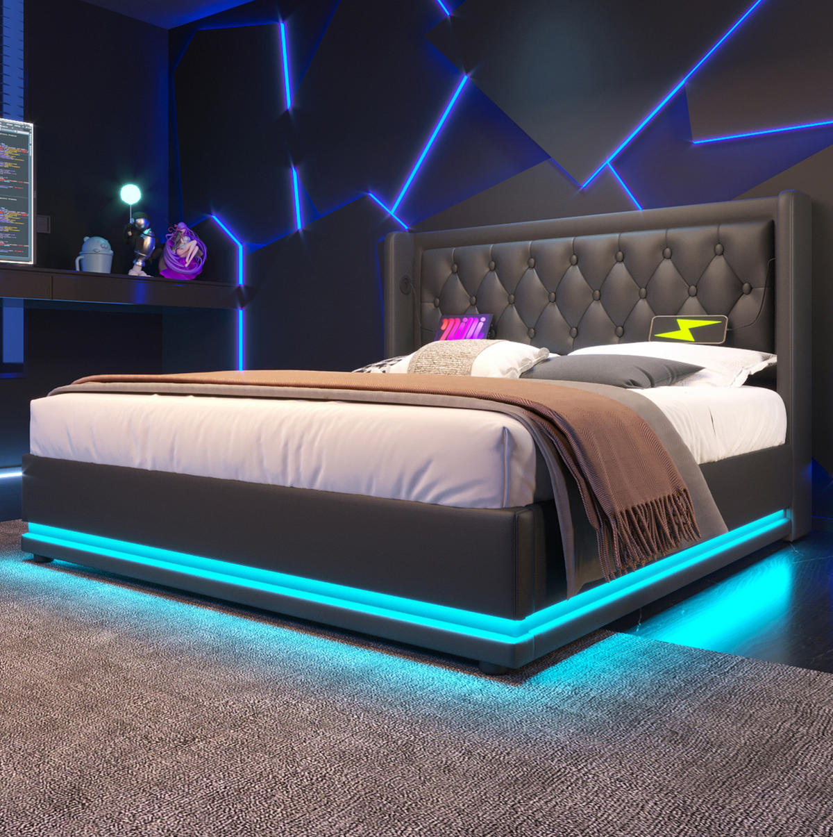 BETT mit Stauraum, LED und USB/Typ-C 140x200 cm PU Schwarz inkl. Matratze - Schwarz, Metall (140/200cm) - Meubliv