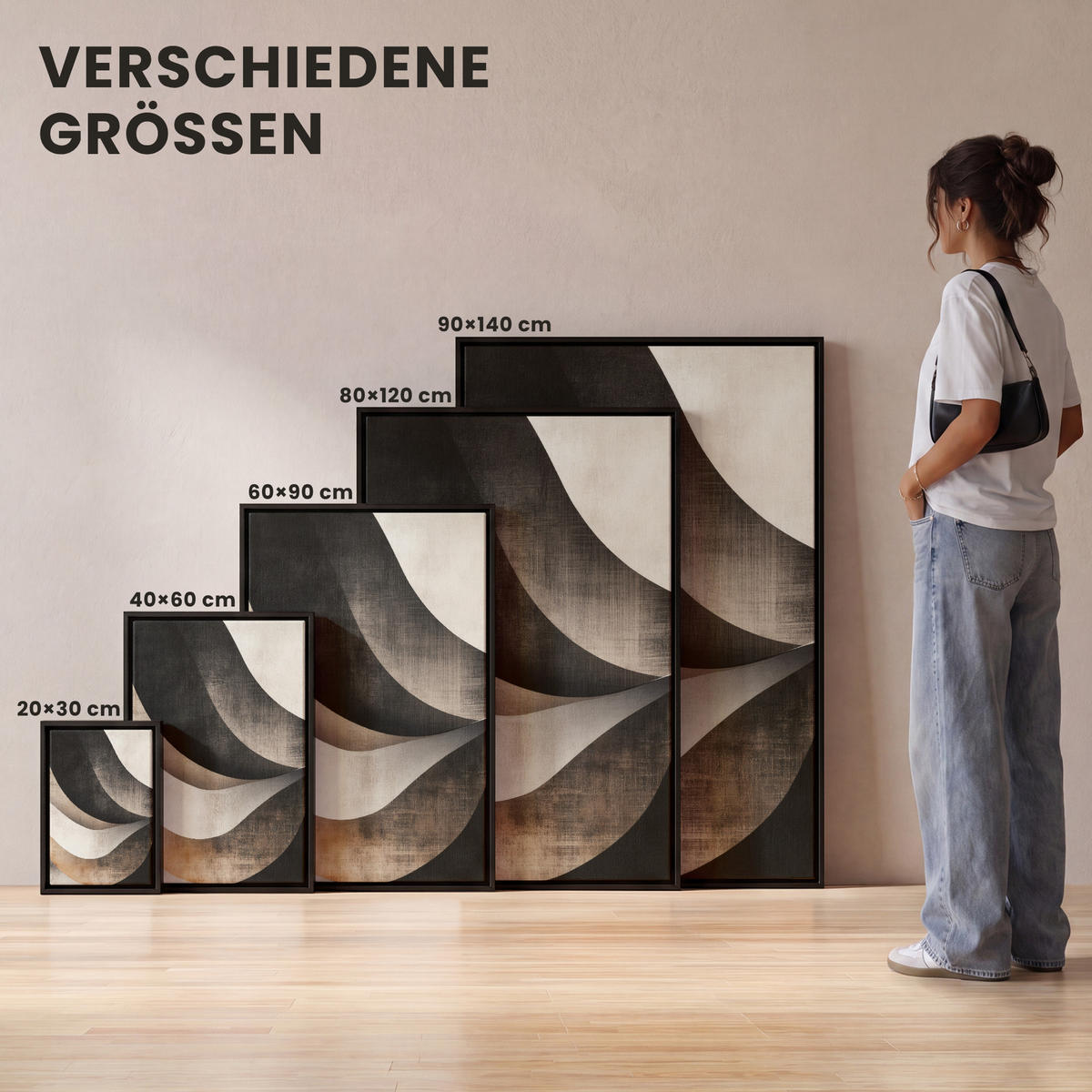 LEINWAND Bilder mit Rahmen - Abstrakt - Wellen - Schwarz - Verwittert - 40x60 - Trüffeleichefarben, Textil (40/60cm) - MuchoWow