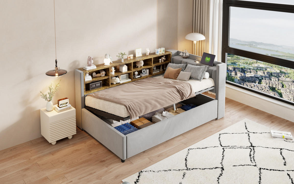 POLSTERBETT 90/200 cm Hellgrau aus Samt mit Stauraum - Hellgrau, Textil (90/200cm) - OKMYHOME
