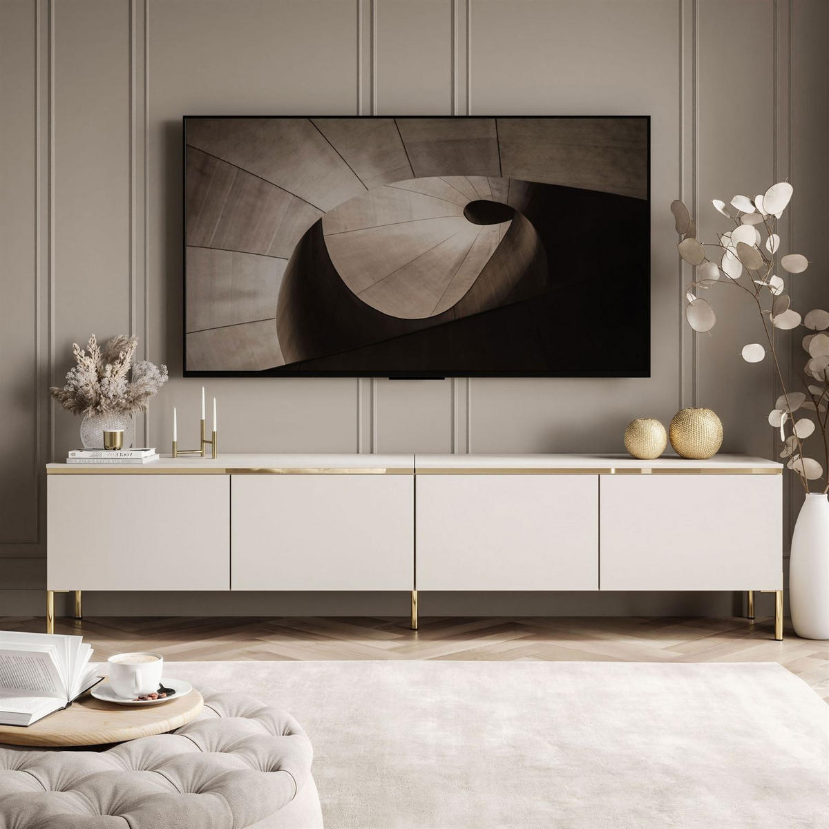 TV-LOWBOARD CELINE KASCHMIR 200 cm auf geraden goldenen Chrom-Beinen - Kaschmir/Goldfarben, Holzwerkstoff/Metall (200/49/40cm) - Lookway