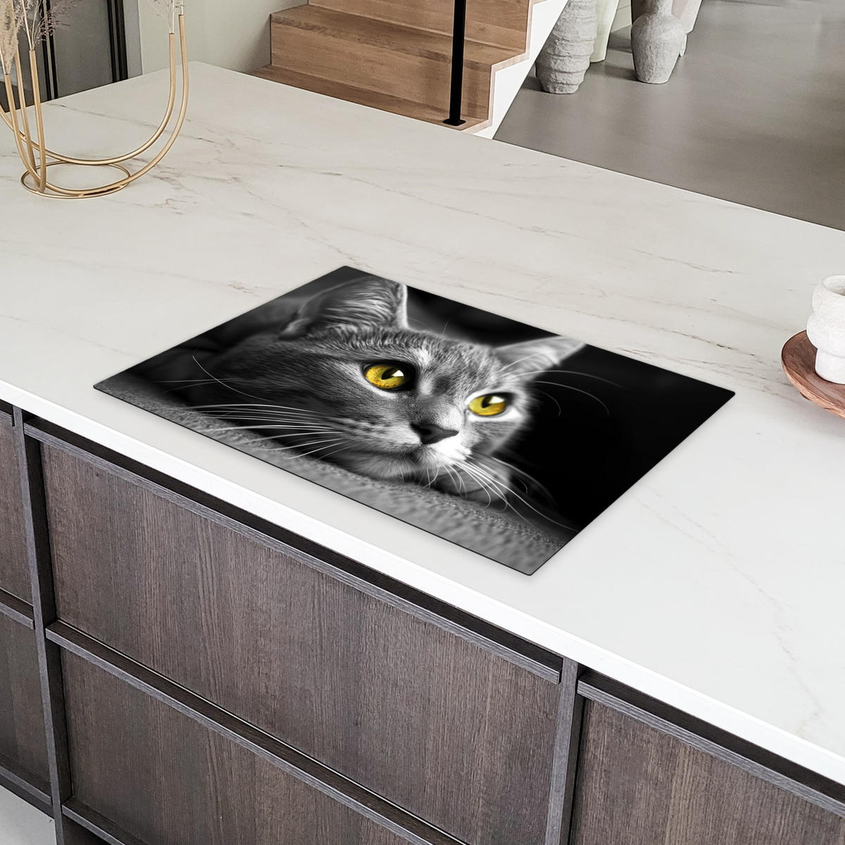 HERDABDECKPLATTE Katze - Grau - Tiere - Katze Ceranfeldabdeckung 78x52 cm - Grau, Kunststoff (78/52/0.2cm) - MuchoWow