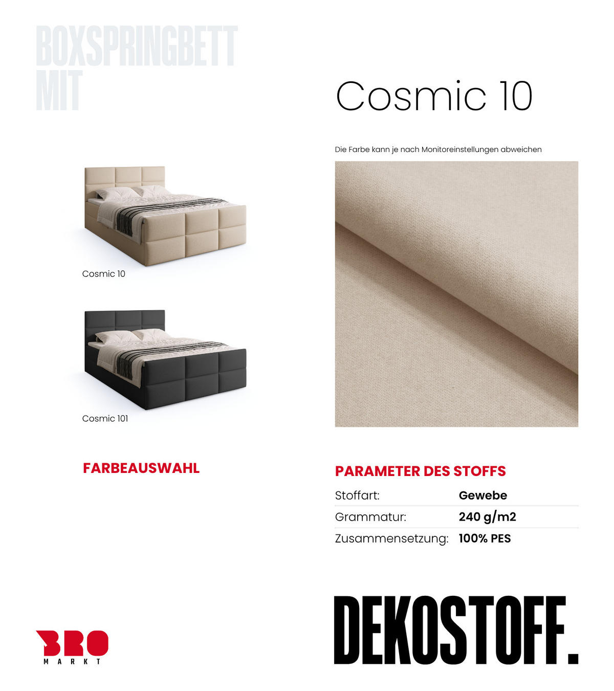 BOXSPRINGBETT Boston Duo Mit Bettkasten, Topper und Matratze Ecru Cosmic 10 140x200 cm - Ecru/Schwarz, Textil (140/200cm) - Bromarkt