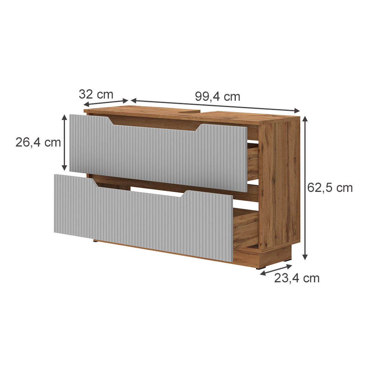 WASCHBECKENUNTERSCHRANK Lotta Eiche/Grau 99.4 x 62.5 cm mit 2 Schubladen - Eichefarben/Grau, Holzwerkstoff (99.4/62.5/32cm) - Vicco