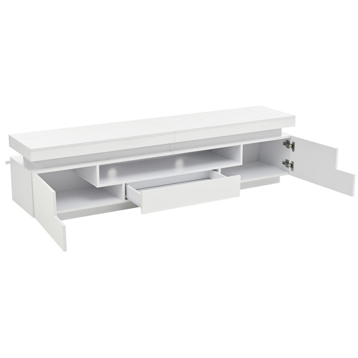TELEVIZNÍ stolek 175/38/45 cm s LED osvětlením, 2 skříňkami, zásuvkou a polootvoreným úložným prostorem, Bílá - bílá, kompozitní dřevo (175/45/38cm) - Redom