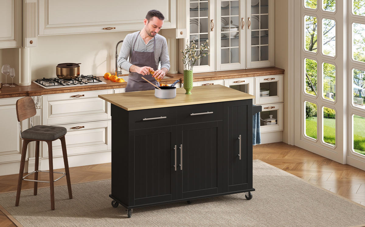 KÜCHENINSEL 120/90/40 cm Schwarz/Natur aus MDF mit Klappblatt - Schwarz, Holzwerkstoff (40/90/120cm) - OKMYHOME
