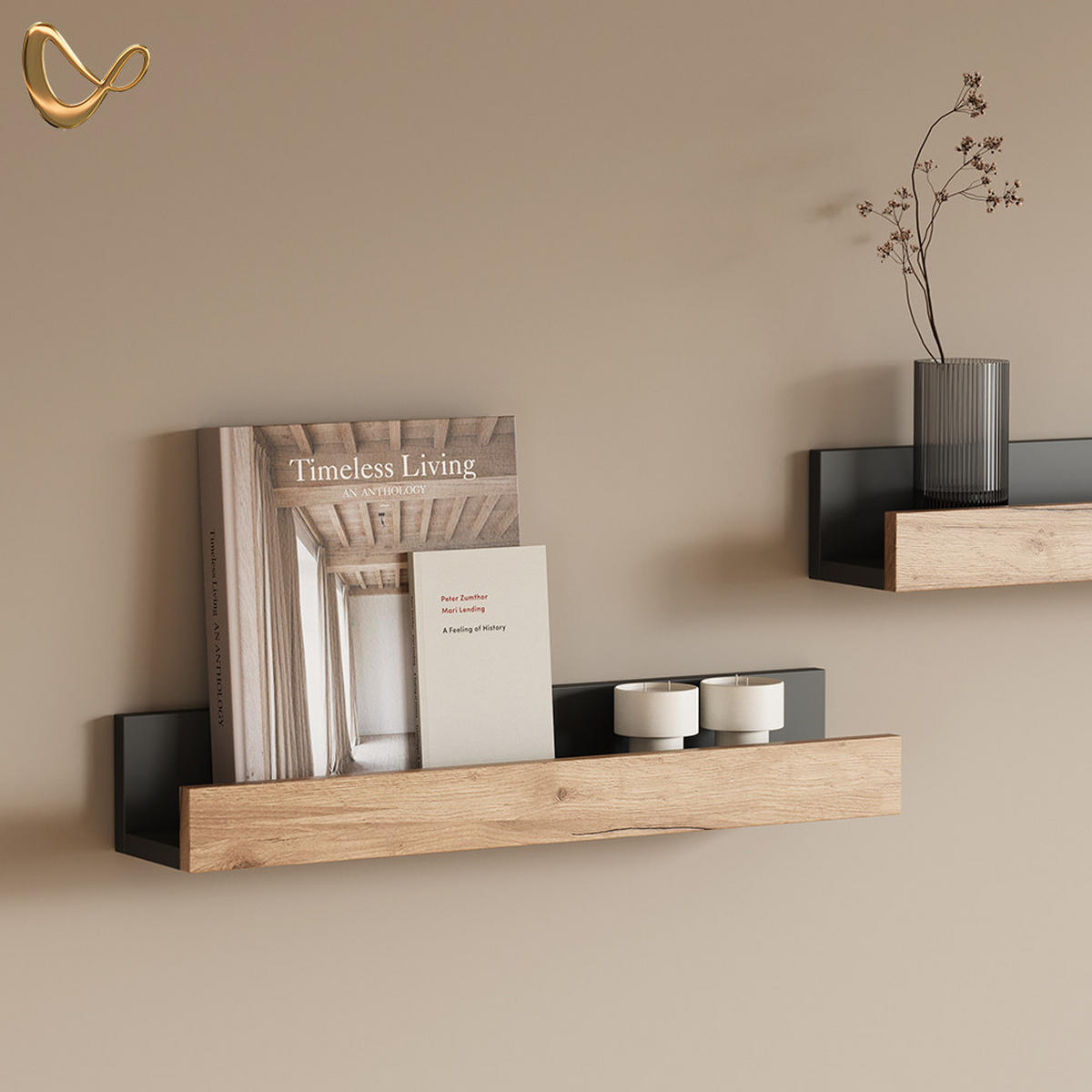 WANDREGAL Lorena Anthrazit/Goldkraft Eiche 60 x 10 cm 2er Set - Anthrazit, Holzwerkstoff (60/10/12cm) - Livinity®