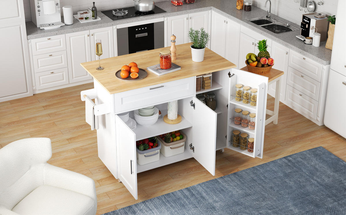 KÜCHENINSEL 132,5/90/44(70) cm Weiß/Natur aus MDF mit klappbarer Arbeitsplatte - Weiß, Holzwerkstoff (44/90/132.5cm) - OKMYHOME