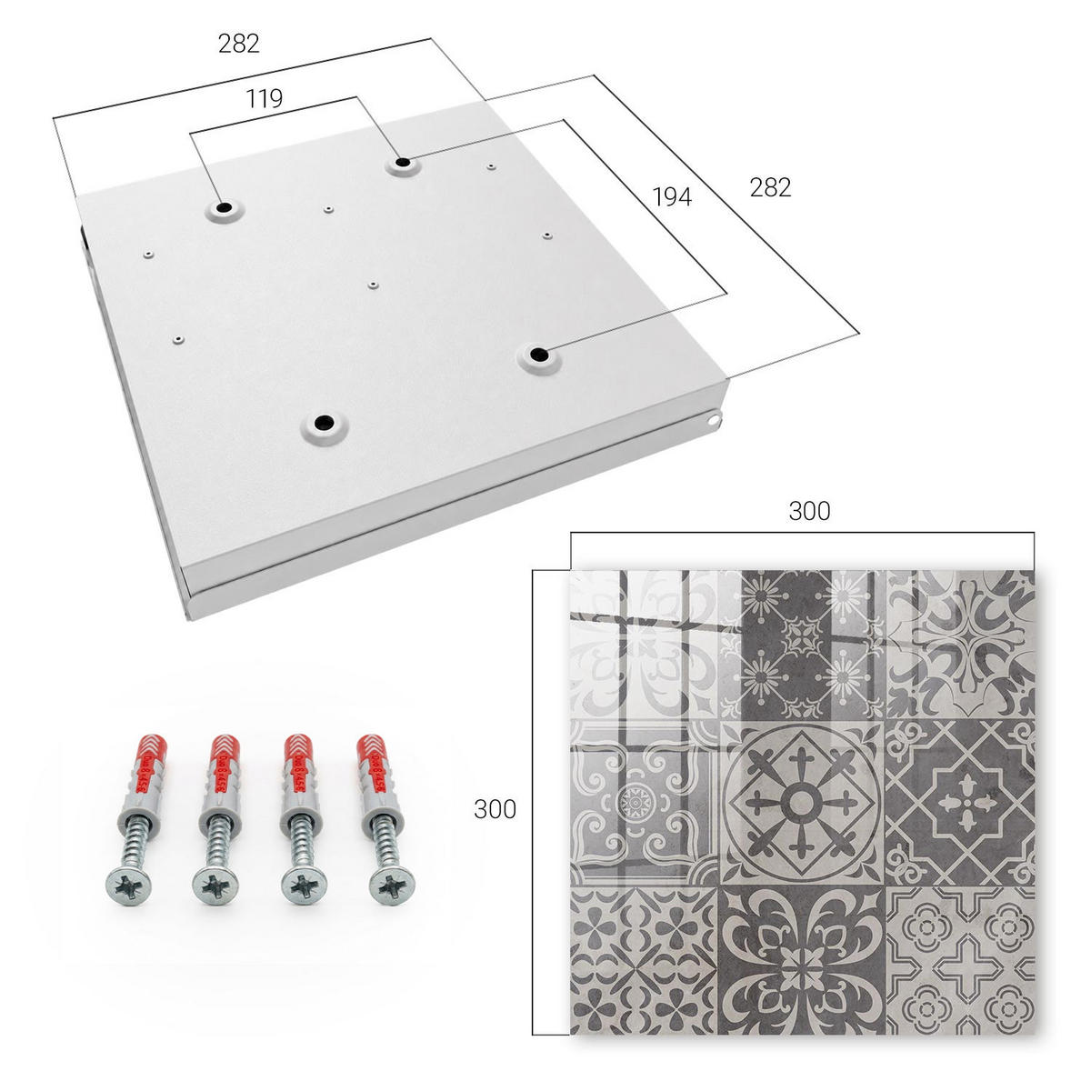 SCHLÜSSELBOX Weiß 30x30 cm – Türöffnung nach rechts - Mosaik aus Mustern - Grau, Metall (30/30/5cm) - TULUP