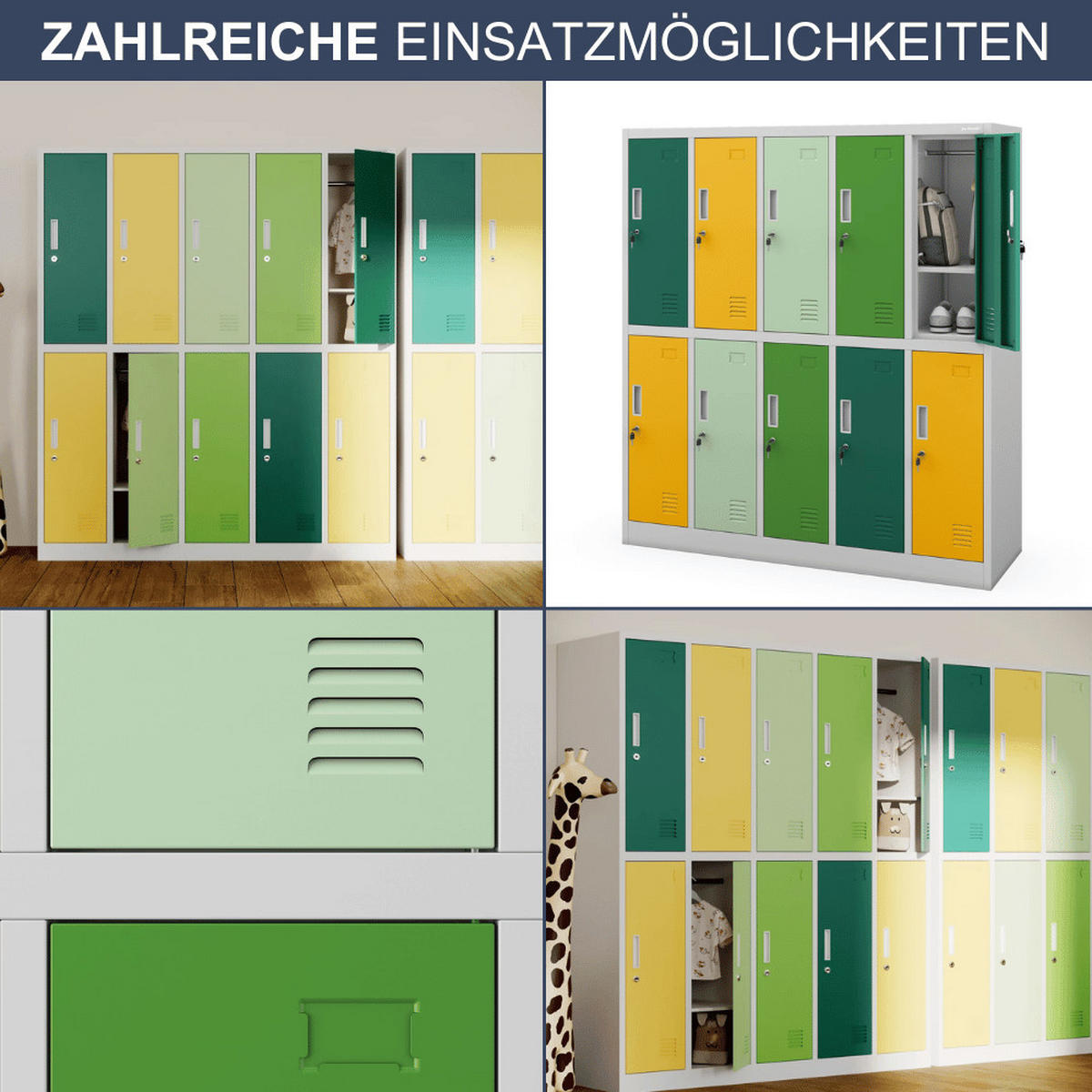 UMKLEIDESCHRANK Spind TOKIO 10 Abteile 150x136x45cm Grün-Gelb - Grün, Metall (136/150/45cm) - DELUKE