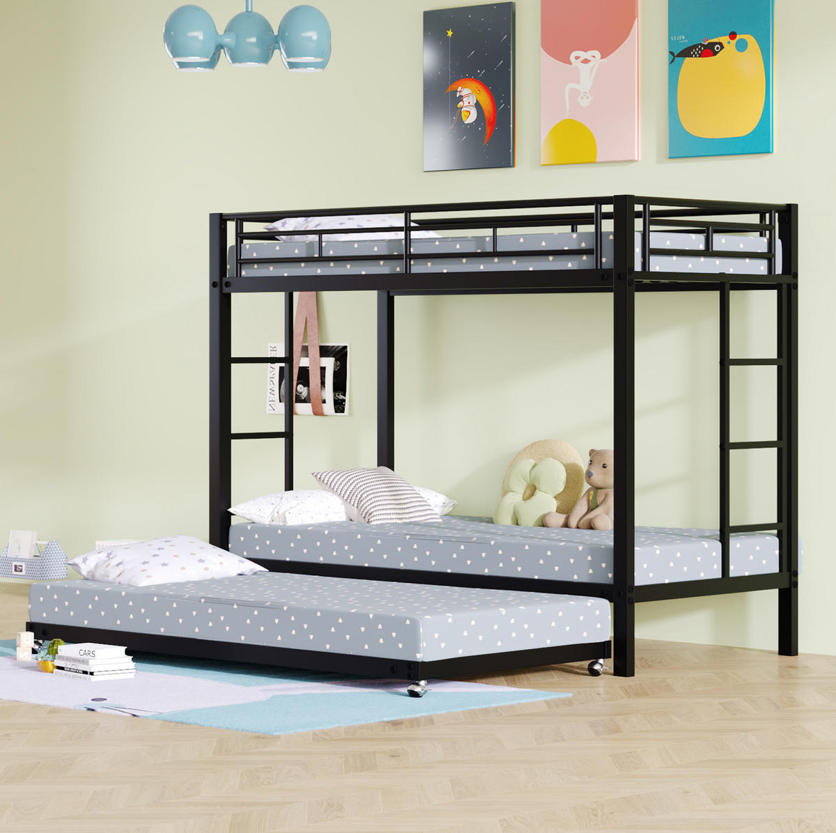ETAGENBETT 90/200 cm in Schwarz aus Metall mit Ausziehbett und hohem Sicherheitsgeländer - Schwarz, Metall (90/200cm) - OKMYHOME