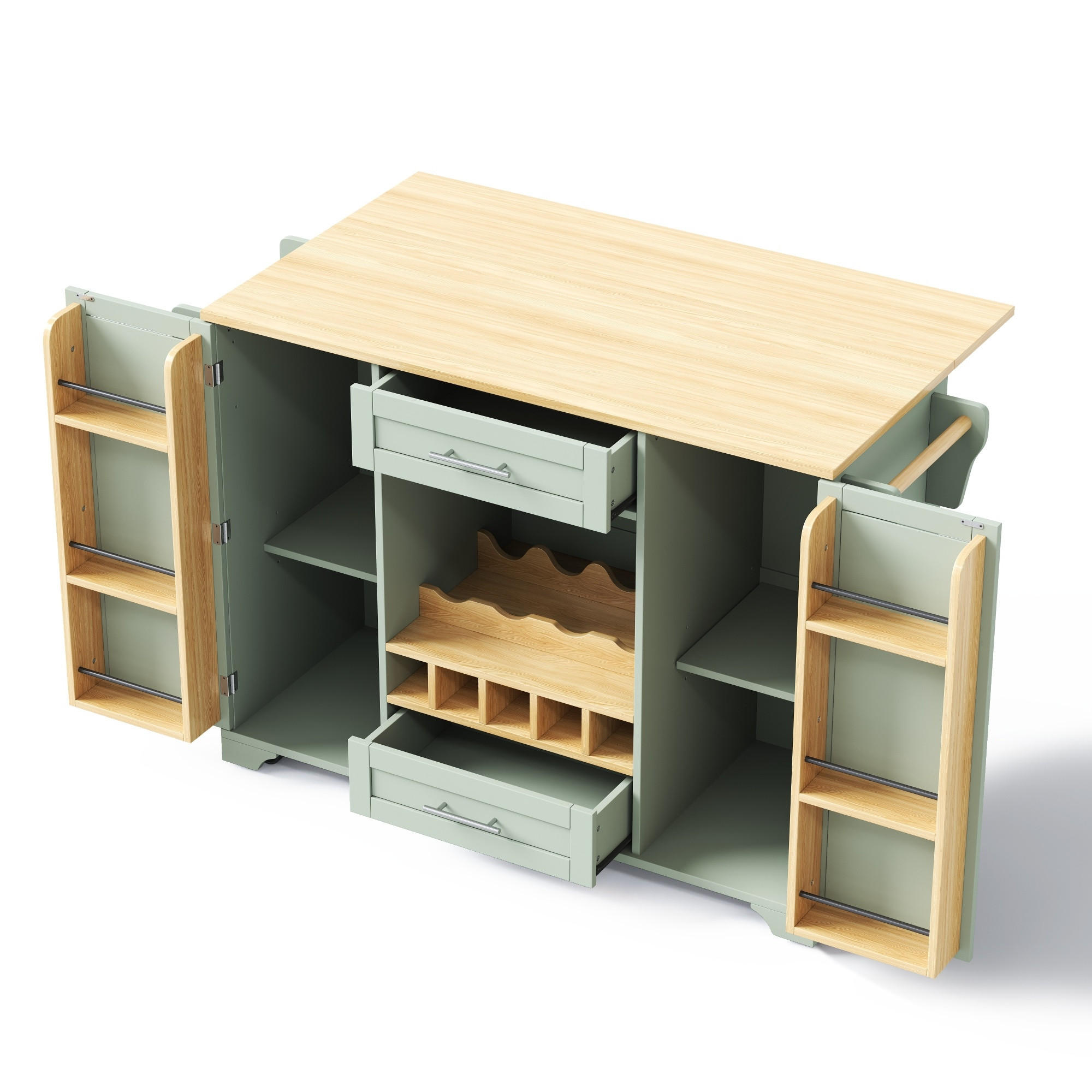 KÜCHENINSEL auf Rollen 138/45(70)/92 cm Antikgrün mit Klappplatte, Weinregal, Glashalter und Gewürzregal - Salbeigrün, Holz/Holzwerkstoff (70/92/138cm) - Oxeza