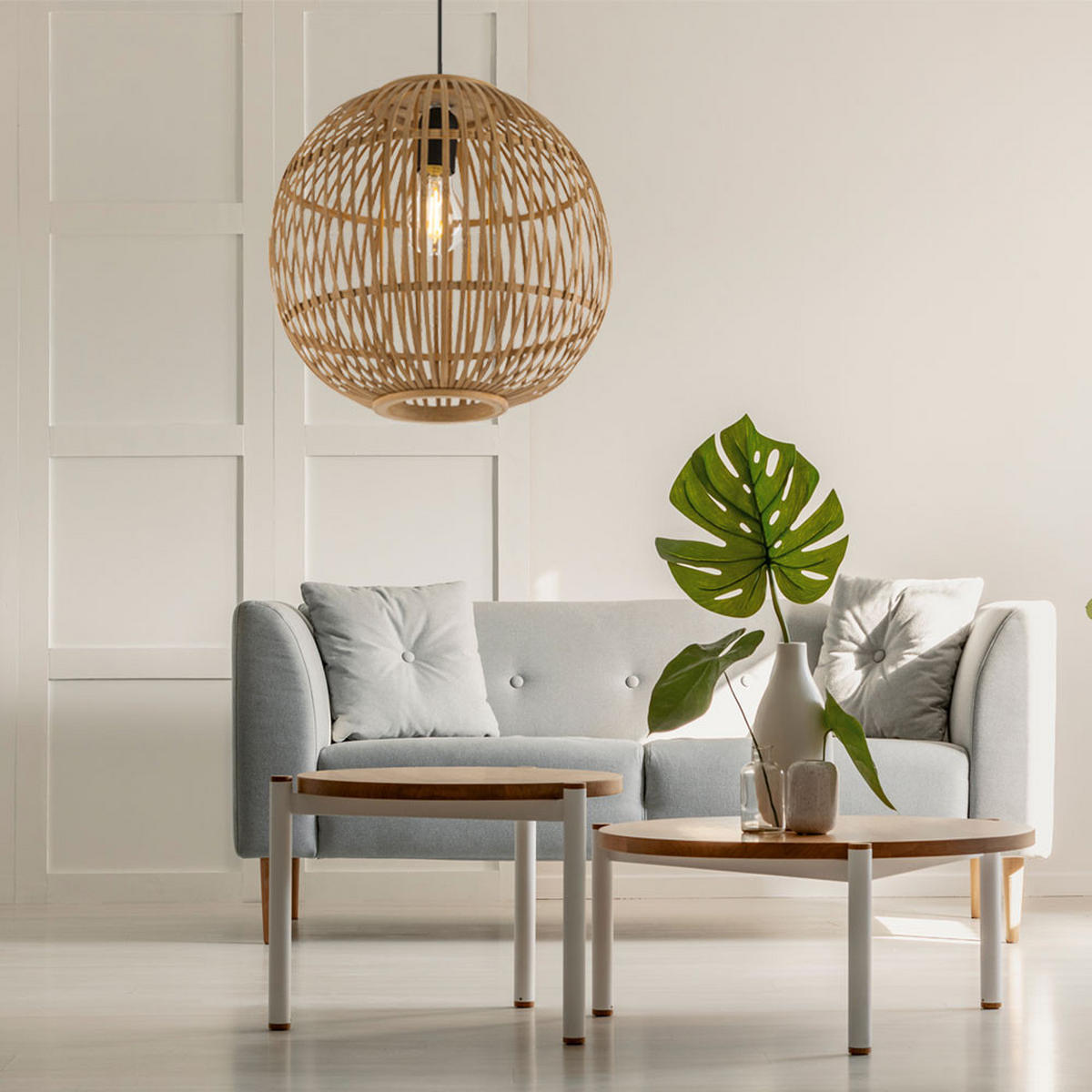 LED HÄNGELEUCHTE Hildegard Bambus Beige - Beige, Holz (30/30/150cm) - Globo Lighting