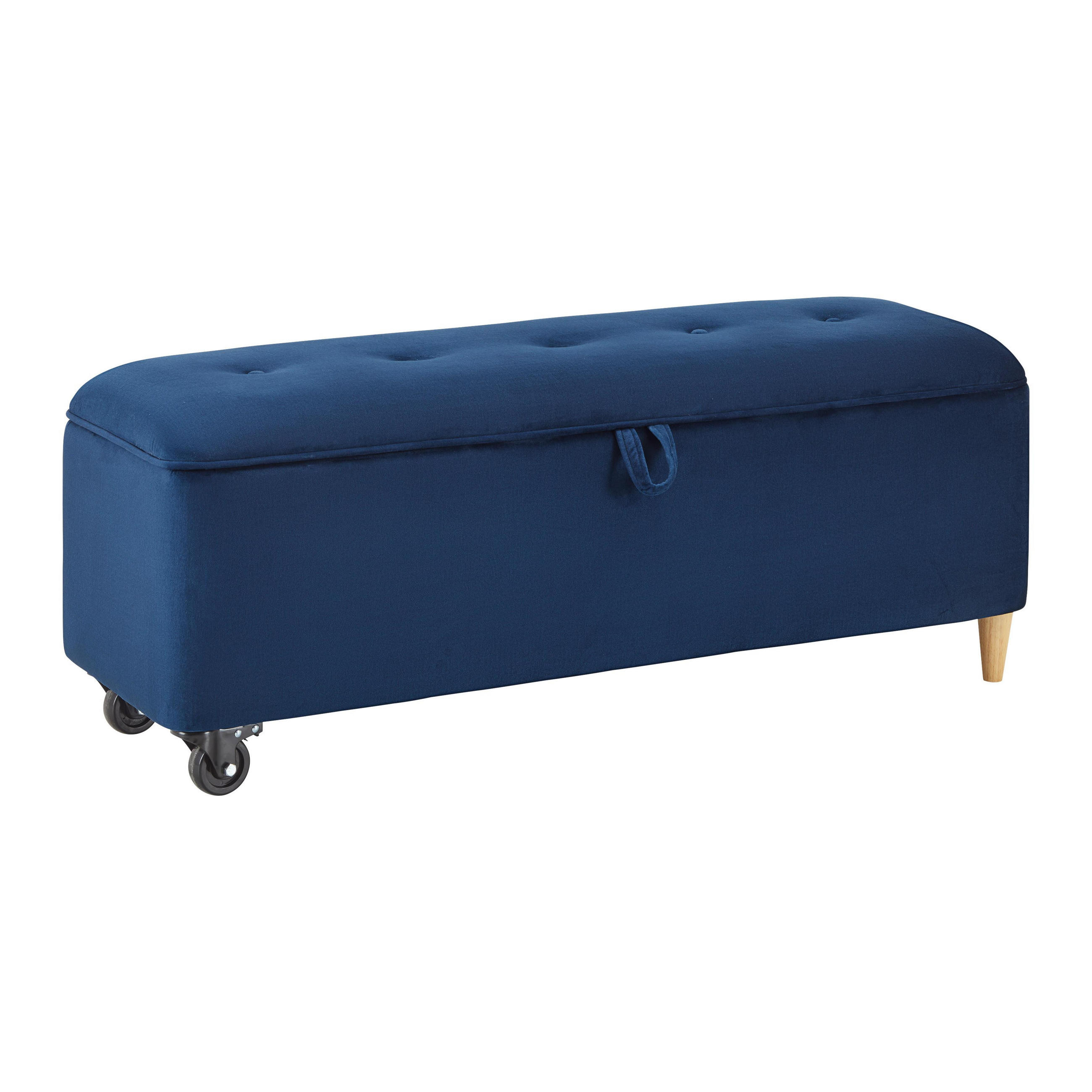 HOCKERBANK Ella Blau Samt Gepolstert mit Staurraum - Blau, Holz (124/48/43cm) - Bessagi Home
