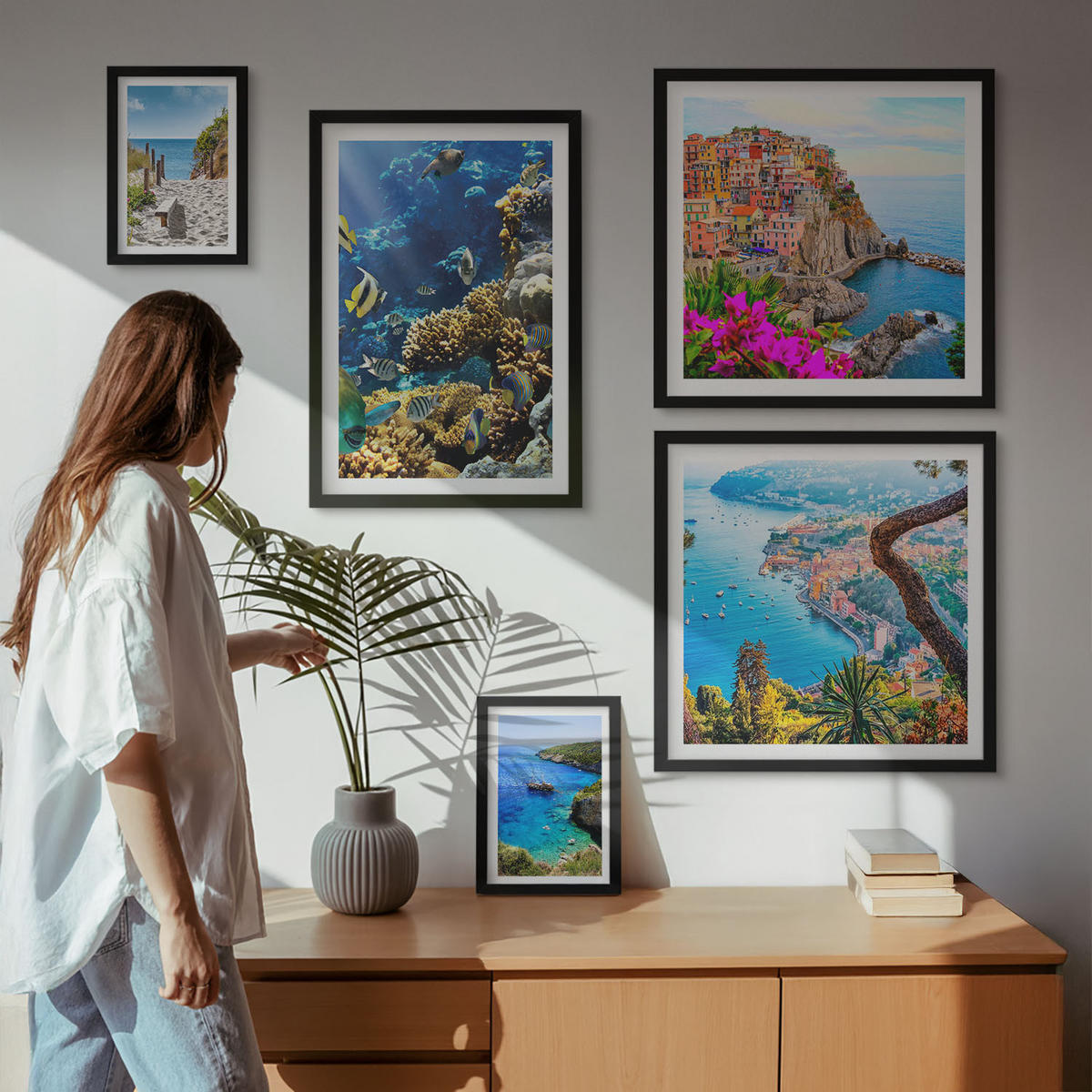 WANDBILDER 5er-Set - 50x50 cm & 20x30 cm & 40x60 cm Schwarzer Rahmen - Berglandschaften im Hintergrund - Schwarz, Kunststoff (40/60cm) - ArtPrintCave