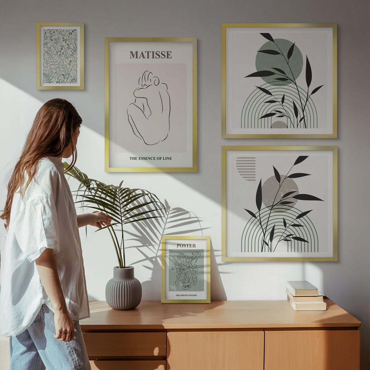 BILDER SET 5er Set - 50x50 cm & 20x30 cm & 40x60 cm Goldrahmen - Linien, Pflanzenmuster, Minimalismus - Goldfarben, Kunststoff (40/60cm) - TULUP