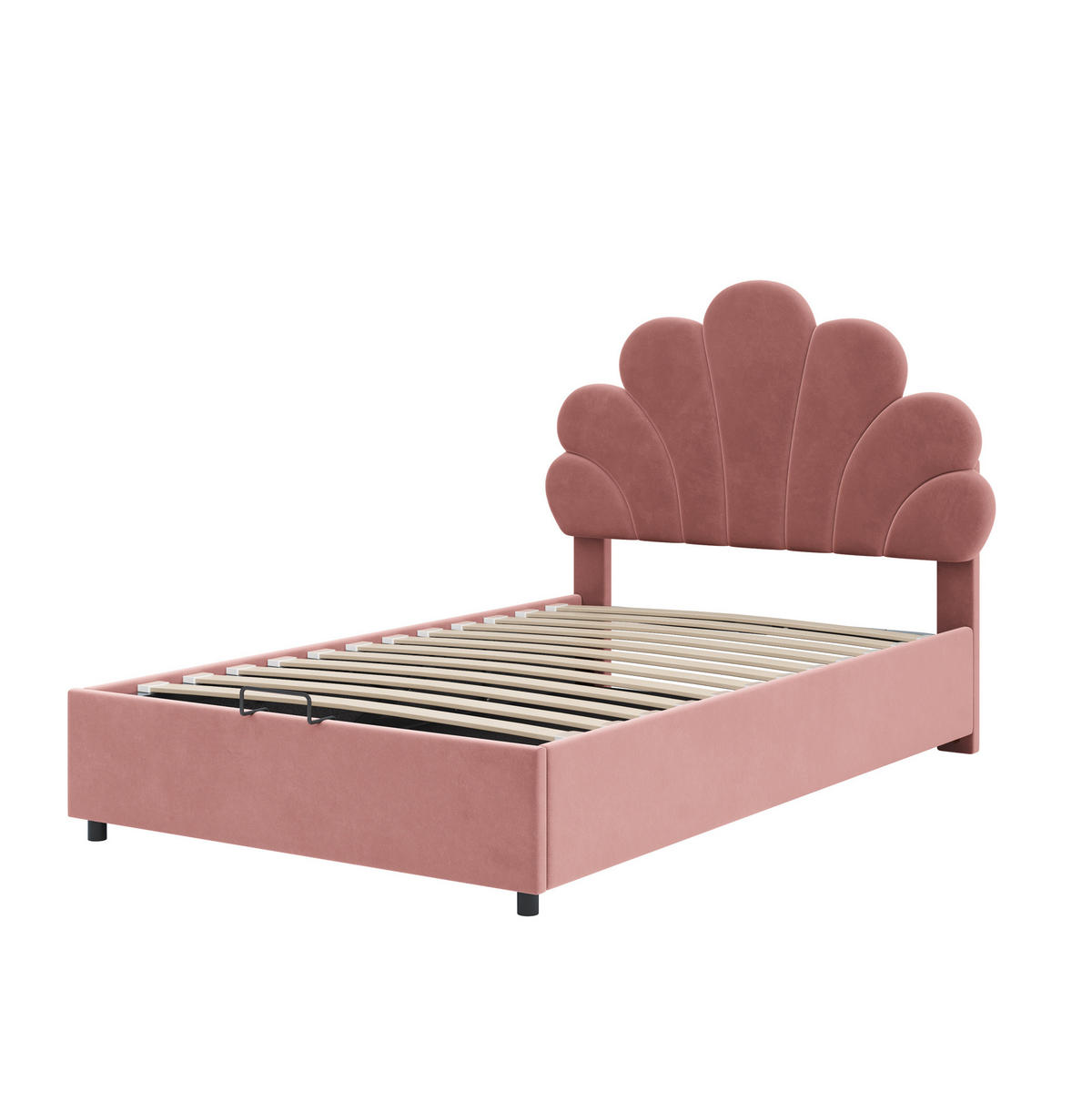 KINDEREINZELBETTEN aus Samt 90x200 cm in Rosa mit hydraulischem Stauraum - Rosa, Textil (90/200cm) - Modfu