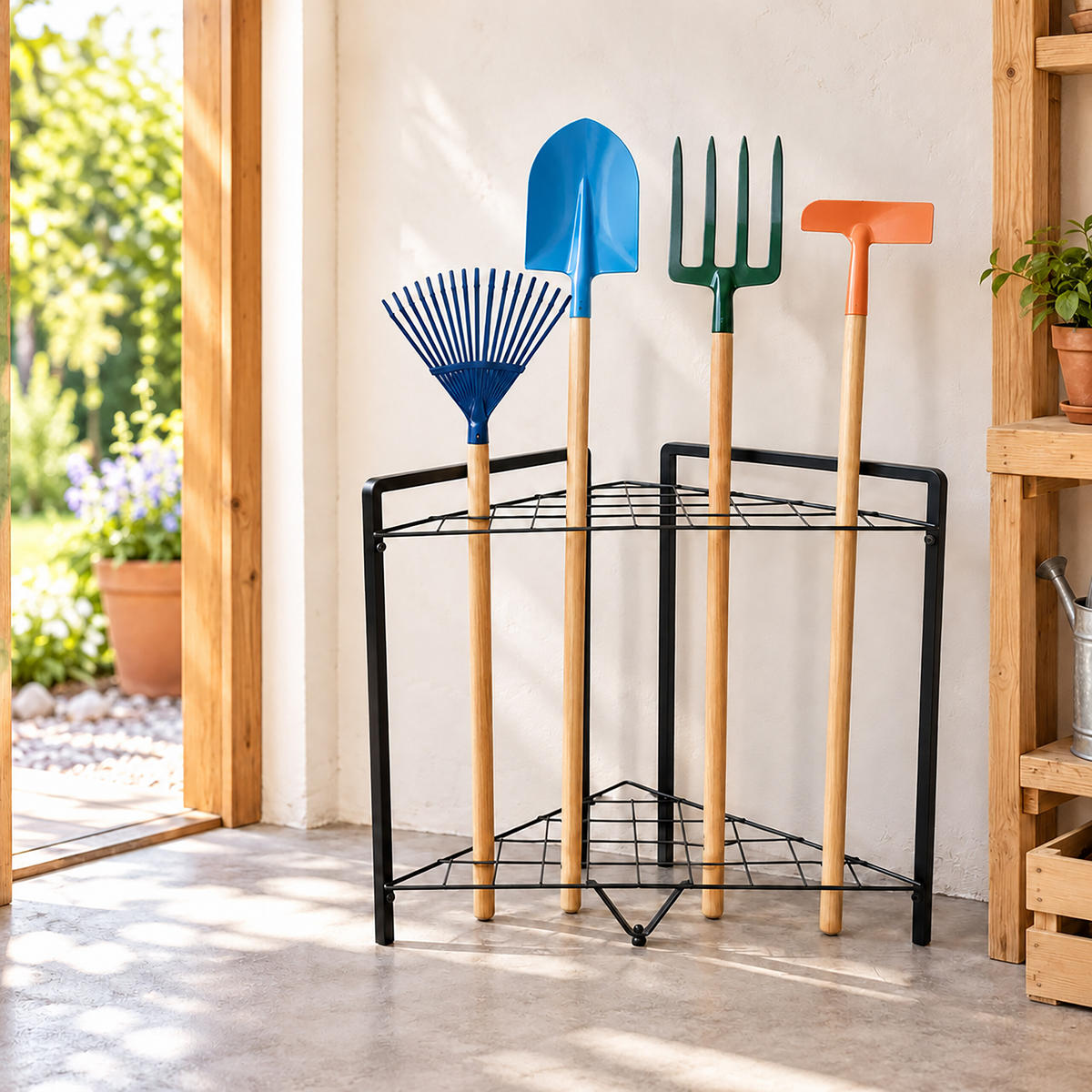 GARTENGERÄTESTÄNDER Mehrfarbig Stahl 2 Ebenen - Schwarz, Metall (65/59.5/47cm) - Relaxdays