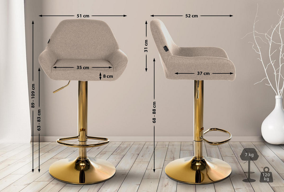 BARHOCKER 2er Set Stoff taupe - Taupe/Goldfarben, Textil/Metall (51/89/52cm) - CLP