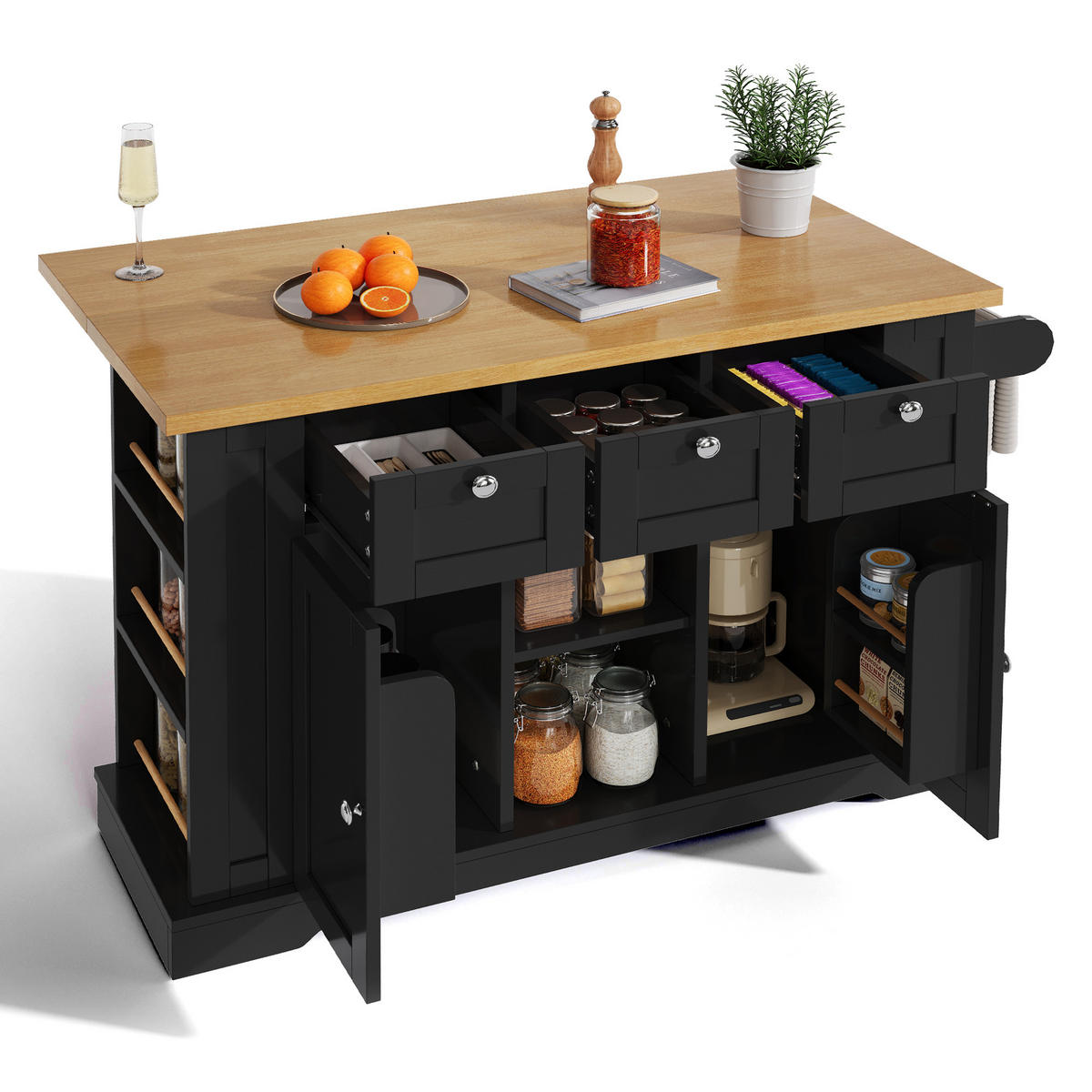 KÜCHENINSEL 132x70x87cm Schwarz Spanplatte mit Steckdose,Ausziehplatte & Rollen - Schwarz, Holzwerkstoff (132/87/70cm) - Modfu