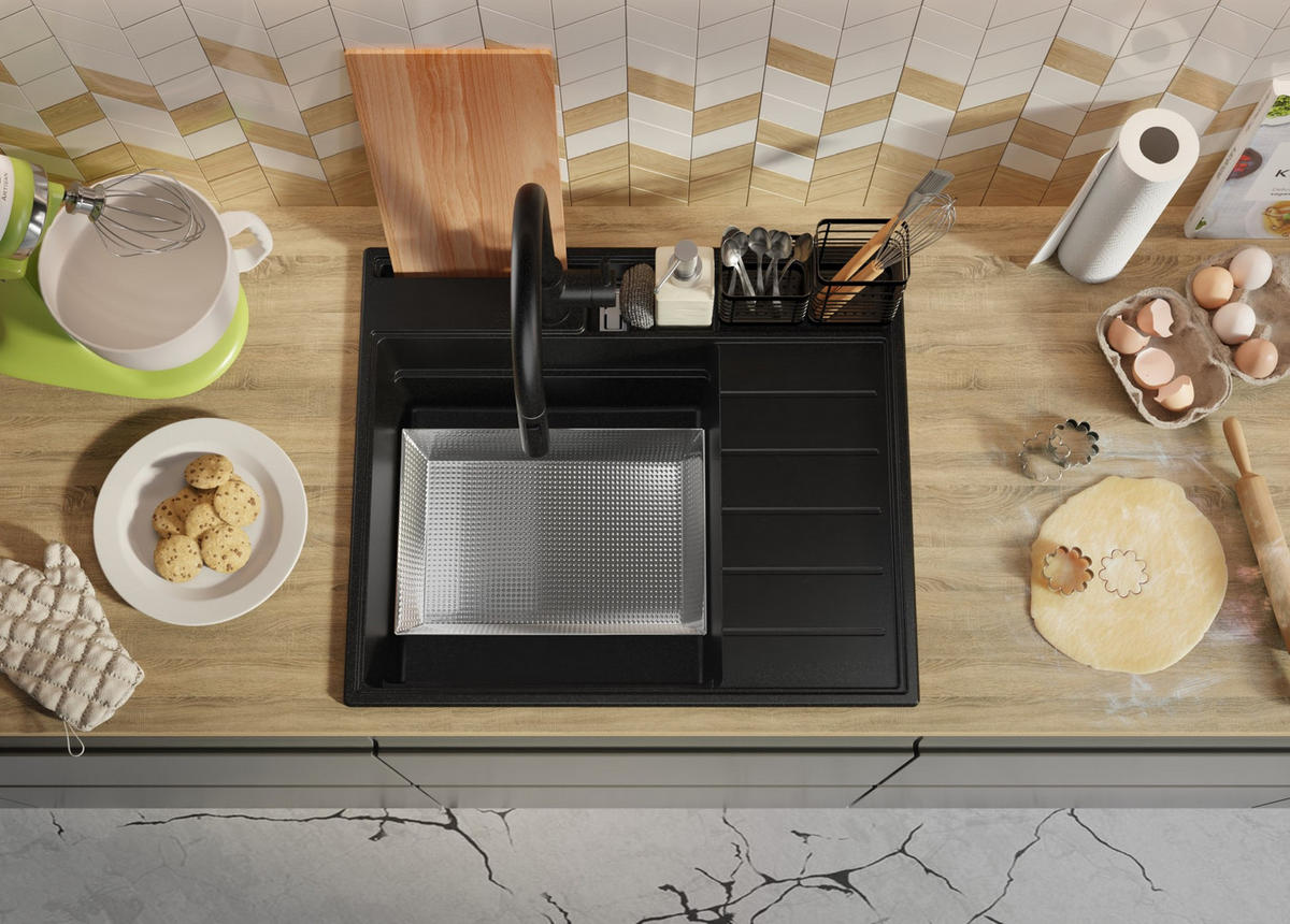 GRANITSPÜLE Sydney Pocket, 2-er set Schwarz 62/53 cm 1 Becken + Küchenarmatur 32/20 cm + Ablauf-Set + Küchenzubehörset ab 45er Unterschrank - Chromfarben/Beige, Kunststoff (62/20/53cm) - Primagran