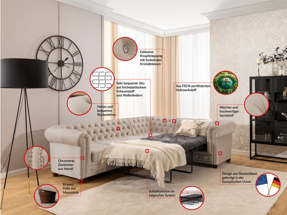 ECKSOFA mit Schlaffunktion Chesterfield Cleo Blink Beige Samt mit Kristallsteppung und braunen Massivholzfüßen - Ottomane Rechts - Beige/Braun, Holz/Textil (264/210cm) - S-Style Möbel