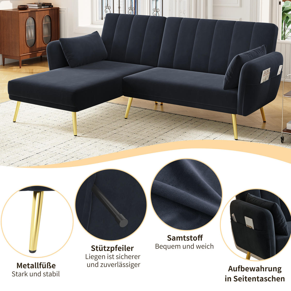 ECKSOFA, Samt mit Schlaffunktion & verstellbarer Rückenlehne, 191,5/130,5/80 cm, Schwarz - Schwarz, Textil (130.5/191.5cm) - Redom