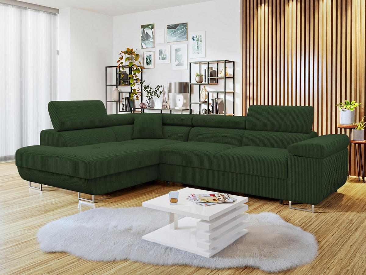 ECKSOFA Torezio Cord, Seite: Links - Dunkelgrün, Holz/Textil (274/203cm) - MIRJAN24