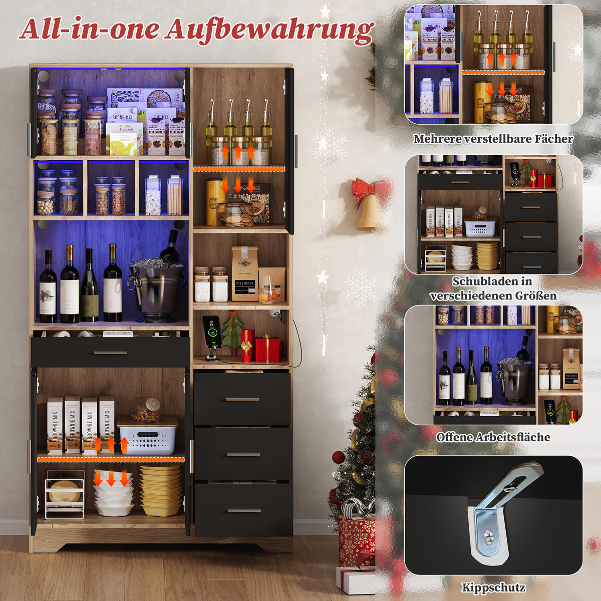 BUFFETSCHRANK 40/100/185 cm schwarz/natur aus MDF mit LED - Schwarz, Holzwerkstoff (100/185/40cm) - OKWISH