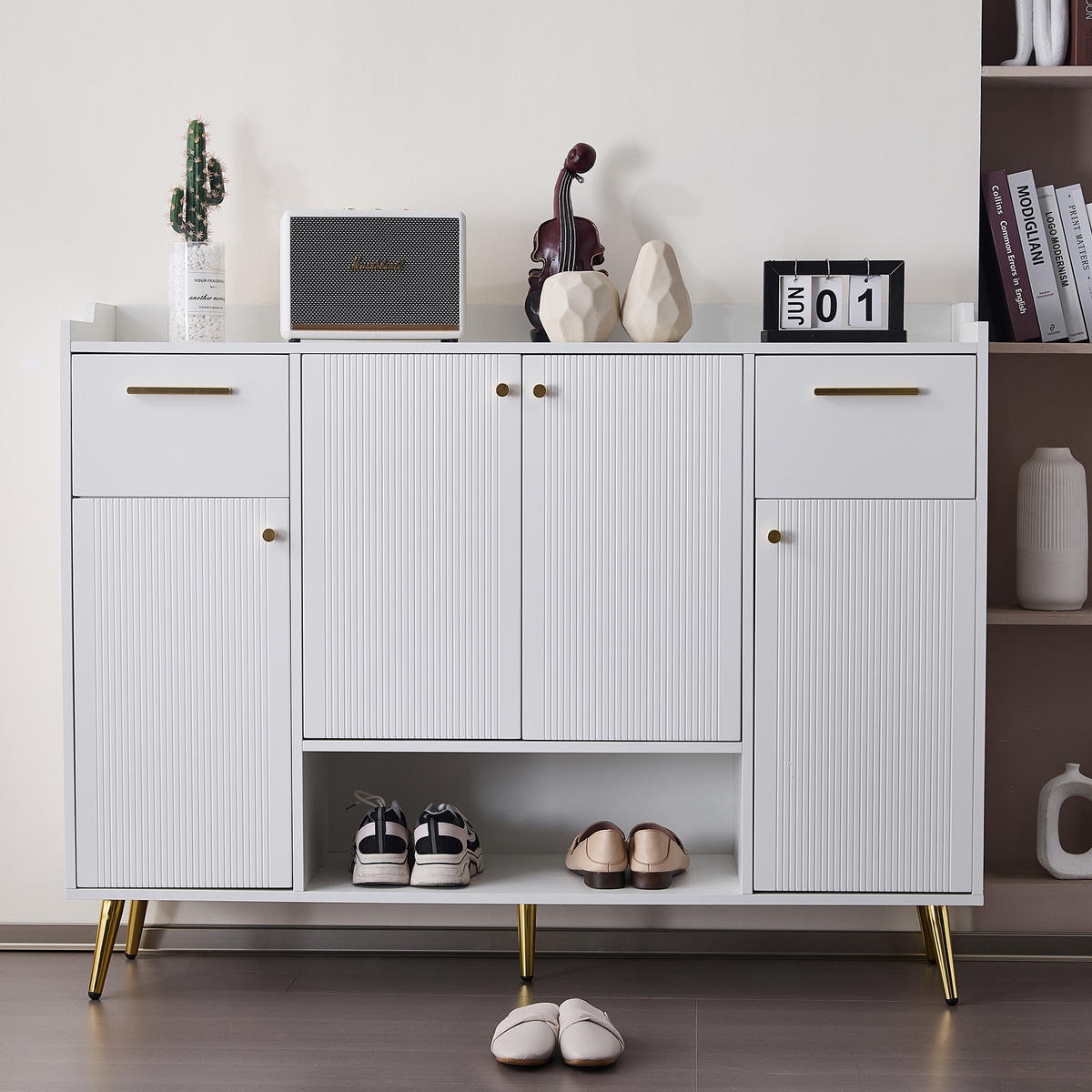 SCHUHSCHRANK 130/37/100 cm weiß aus Spanplatte mit 2 Schubladen - Weiß, Holzwerkstoff (130/100/37cm) - OKWISH