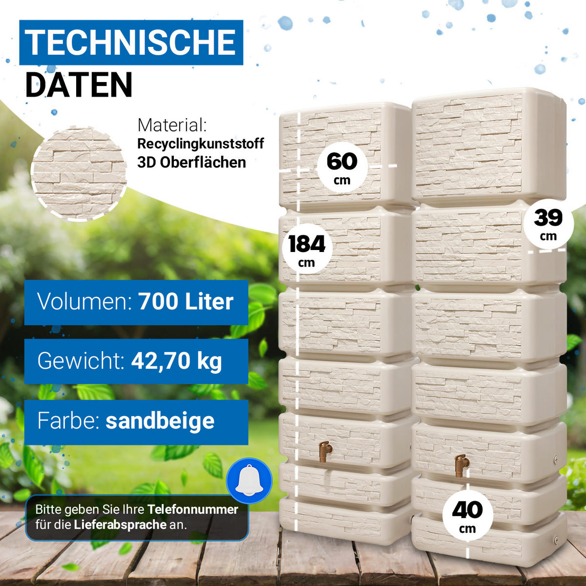 WANDTANK-SET 700 L sandbeige 2 x 350 L inkl. Verbindungsset - Sandfarben, Kunststoff (130/184/39cm) - 4rain