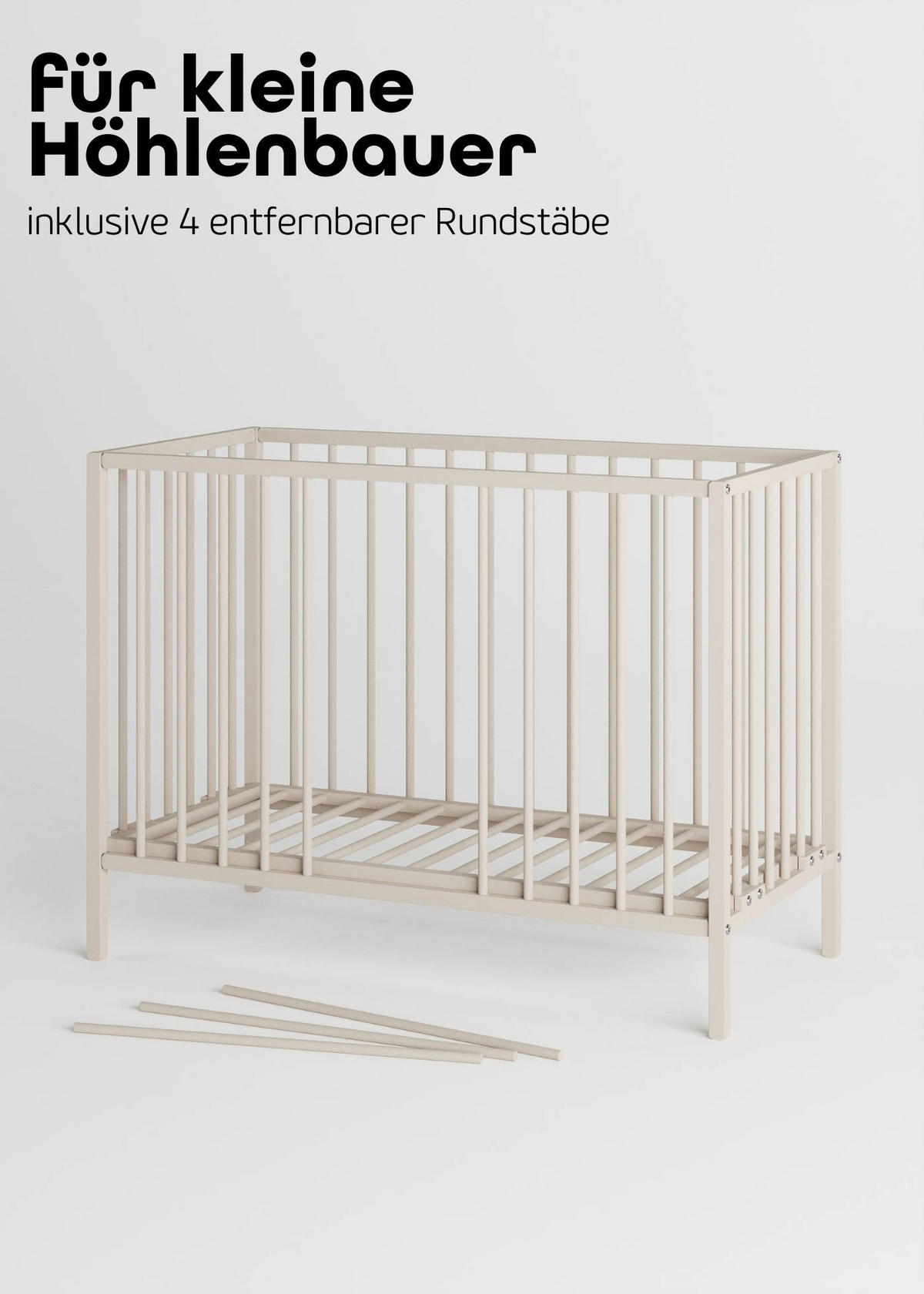 BEISTELLBETT mit Rollen und Umbauseite - sahara dust - Dreamy 4 in 1 Bett - Sandfarben, Holz (120/90/60cm) - Sämann – make a difference.